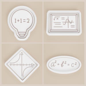 May include: Four white cookie cutters with mathematical symbols and equations. One cutter is shaped like a lightbulb with the text "1+1=2". Other cutters feature a graph, a formula, and a math equation.