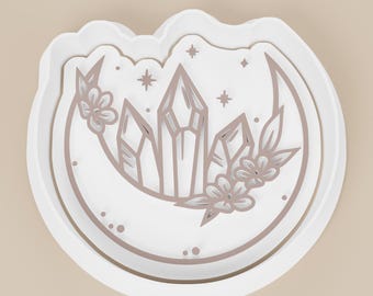 Floral Crystal Moon Cookie Cutter, Botanical Baking Tool, Woodland Clay Craft (76mm)