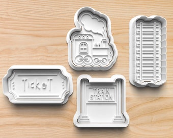 Train Cookie Cutters and Stamps || Train Ticket Cookie Cutter || Train Track Cookie Cutter || Train Station Sign Cookie Cutter