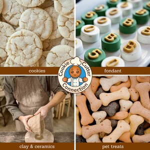 May include: A collage featuring four product categories: cookies, fondant, clay & ceramics, and pet treats. The cookies are light-colored and round. The fondant includes green and white treats with letter shapes. Clay is being shaped by a person. Pet treats are bone-shaped.
