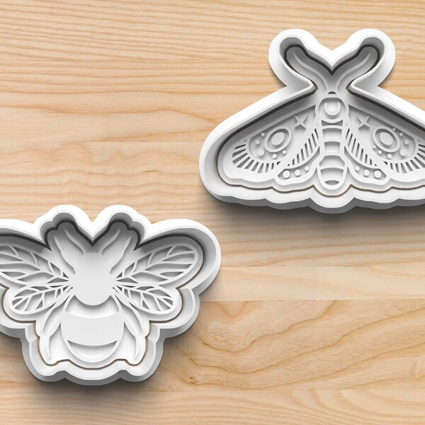 Moth/Bee Cookie Cutter & Stamp Set || Biscuit Cutter || Polymer Clay Cutter || Fondant || Pie Topper Mold || Stencil || 3D Printed Embosser