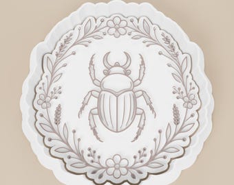 Scarab Beetle Cookie Cutter | Floral Border Insect Polymer Clay Tool | Ancient Egypt Baking Supplies