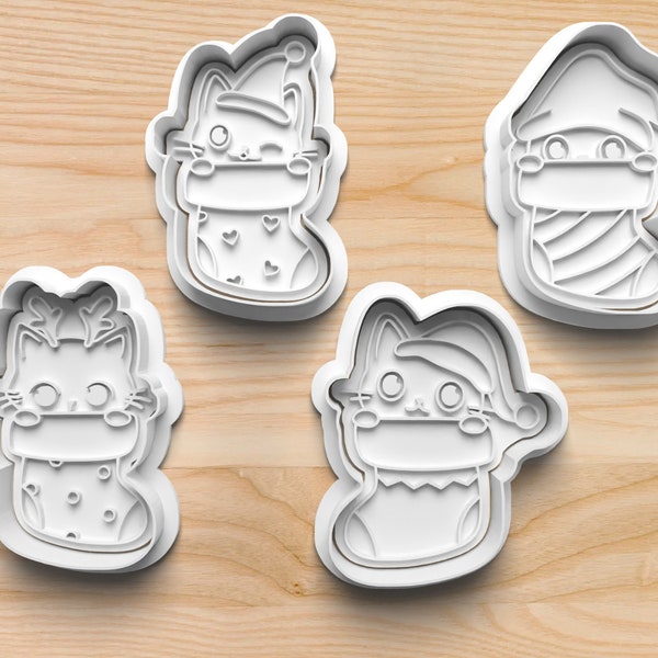 Christmas Stocking Kitties Cookie Cutter  || 3d Printed Cookie Cutter || Cookie Stamp || Biscuit Stamp || Winter Cookies || Cute Kitties