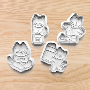 Kawaii Cat Cookie Cutter Set – Cute Kitty with Backpack, Pouty Cat, Puddle Pose & Box Hugger – Fun Baking Stamps