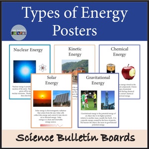 May include: A colourful set of science posters for a classroom bulletin board. The posters are titled "Types of Energy" and feature illustrations of nuclear, kinetic, chemical, solar, and gravitational energy.