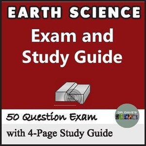 May include: A red square with the text "EARTH SCIENCE" in white. Below the text is "Exam and Study Guide" in white. Below that is a diagram of a rock formation. Below the diagram is "50 Question Exam with 4-Page Study Guide". In the bottom right corner is a small circle with the text "DR. DAVE'S" in white.