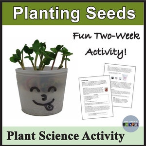 May include: A white plastic pot with a smiling face drawn on it, filled with green sprouts. The pot is sitting on a white surface. The text "Planting Seeds Fun Two-Week Activity! Plant Science Activity" is printed on the image.