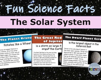 May include: Three colorful illustrated cards with text about the solar system. The first card is blue and features the planet Uranus with the text "The Planet Uranus Rotates like a Wheel". The second card is red and features the planet Jupiter with the text "The Great Red Spot of Jupiter is a storm so large it can engulf the Earth". The third card is green and features the dwarf planet Ceres with the text "The Dwarf Planet Ceres is the largest object in the Asteroid Belt".