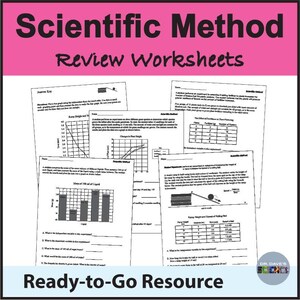 May include: A set of science worksheets labelled "Scientific Method Review Worksheets" featuring graphs, charts, and questions. The worksheets are a ready-to-go resource for science education, with a pink header.