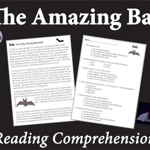 Puede incluir: Una hoja de trabajo en blanco y negro con el título "The Amazing Bat" y una actividad de comprensión lectora sobre los murciélagos. La hoja de trabajo incluye un párrafo sobre los murciélagos y preguntas de opción múltiple. Hay una imagen de un murciélago en la esquina superior derecha de la hoja de trabajo.