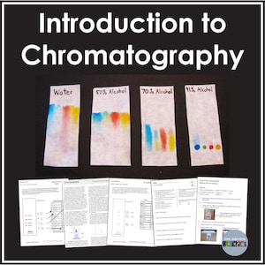 Puede incluir: Imagen educativa titulada "Introducción a la cromatografía". Presenta cuatro tiras de cromatografía con bandas de colores de agua, alcohol al 50%, 70% y 91%. Varias hojas de trabajo son visibles en la parte inferior.