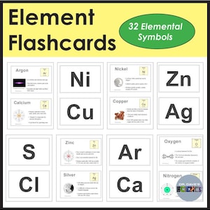 May include: Educational flashcards with the title "Element Flashcards" and the text "32 Elemental Symbols." The cards display element symbols like Ni, Cu, Zn, and Ag, along with brief descriptions and diagrams. The background is yellow.