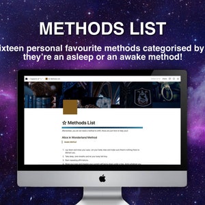 May include: A computer screen displaying a website titled "Methods List". The website lists methods categorised by whether they are for falling asleep or staying awake. The website title is "Methods List" and the first method listed is "Alice in Wonderland Method".