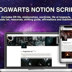 Op de afbeelding: Een laptop en een smartphone die een Notion-pagina weergeven met de titel "Hogwarts DR" en een beschrijving over het shiften naar Zweinstein. De pagina bevat een lijst met bronnen, methoden en affirmaties. De achtergrond is een paarse galaxie met sterren.
