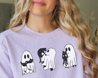Ghost Cat Halloween Sweatshirt, Comfort Colors Spooky Season Top