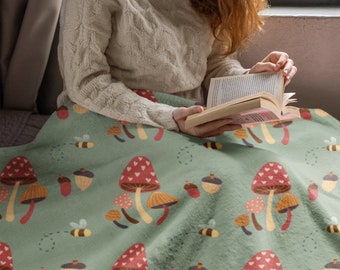 Mushroom Bee Velveteen Blanket, Dark Cottagecore Decor