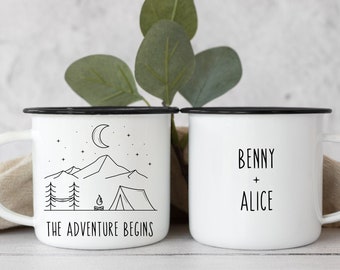 Personalized Enamel Camping Mug, Mountain Scene, Couple Gift