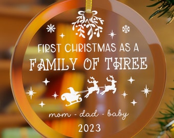 Family of Three Ornament, First Christmas, New Baby, Glass Keepsake