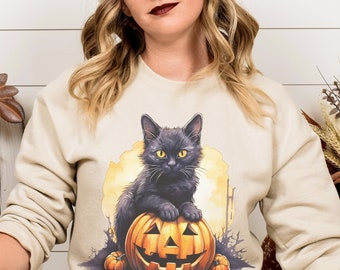 Halloween Cat Pumpkin Sweatshirt, Pumpkin Sweater, Pumpkin and Cute Black Cat Sweater, Spooky Season, Halloween Pullover Crewneck, Horror