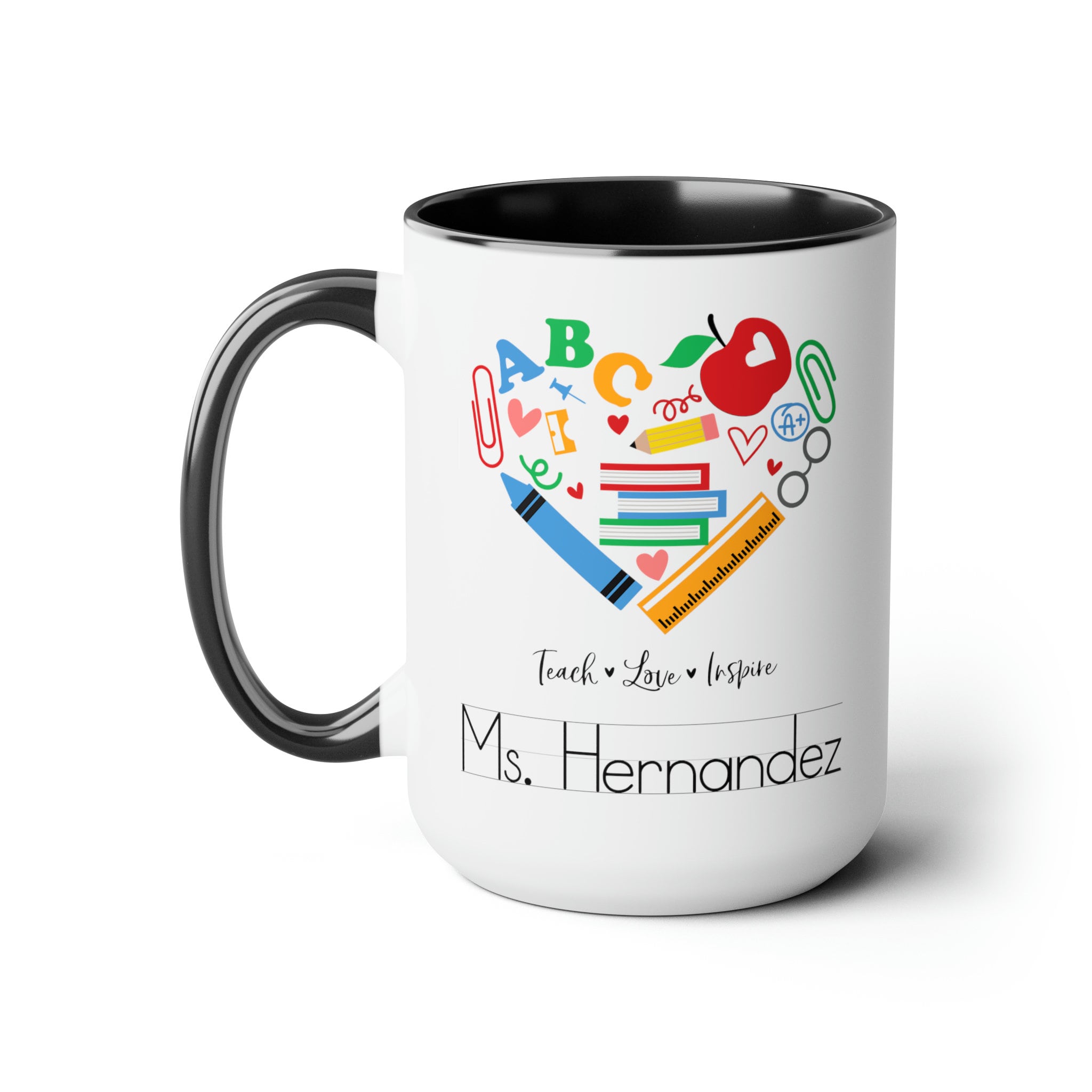 Personalized Teacher Mug, Teach Love Inspire, 15oz Coffee Cup, Teacher Graduation, Elementary, Pre K, Student Teacher, Back to School Gift