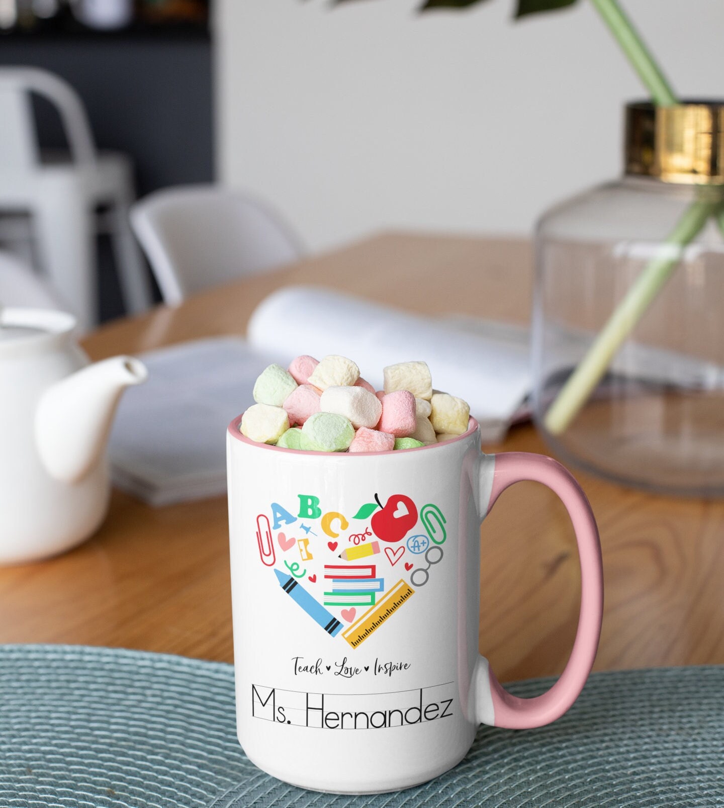 Personalized Teacher Mug, Teach Love Inspire, 15oz Coffee Cup, Teacher Graduation, Elementary, Pre K, Student Teacher, Back to School Gift