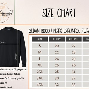 May include: Size chart for a Gildan 18000 unisex crewneck sweatshirt. The chart shows sizes S through 4XL with corresponding chest, length, and sleeve measurements in inches.