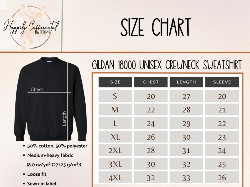 May include: Size chart for a Gildan 18000 unisex crewneck sweatshirt. The chart shows sizes S through 4XL with corresponding chest, length, and sleeve measurements in inches.