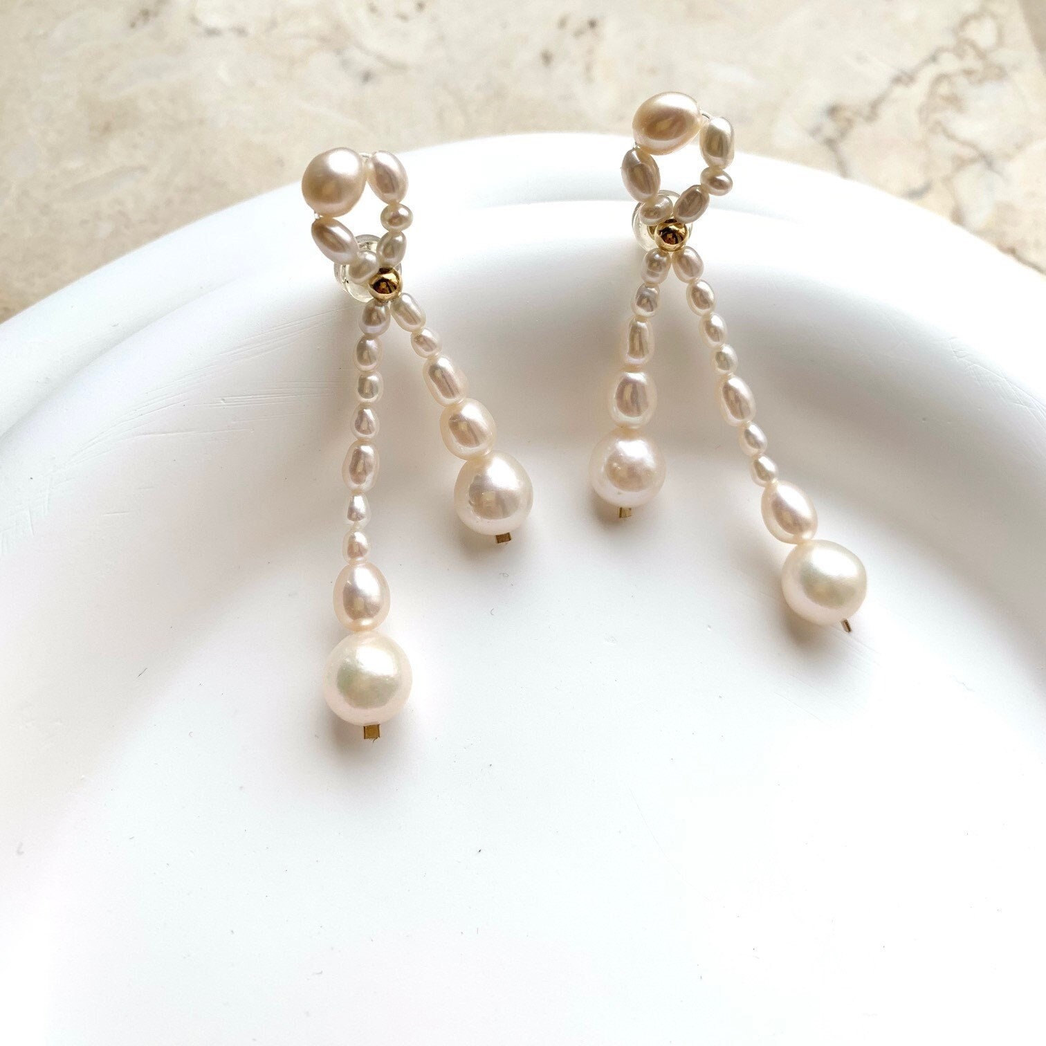 14K Gold Filled Bow Knot Pearl Drop Earrings, Unique Long Dangle Beads Gift For Her