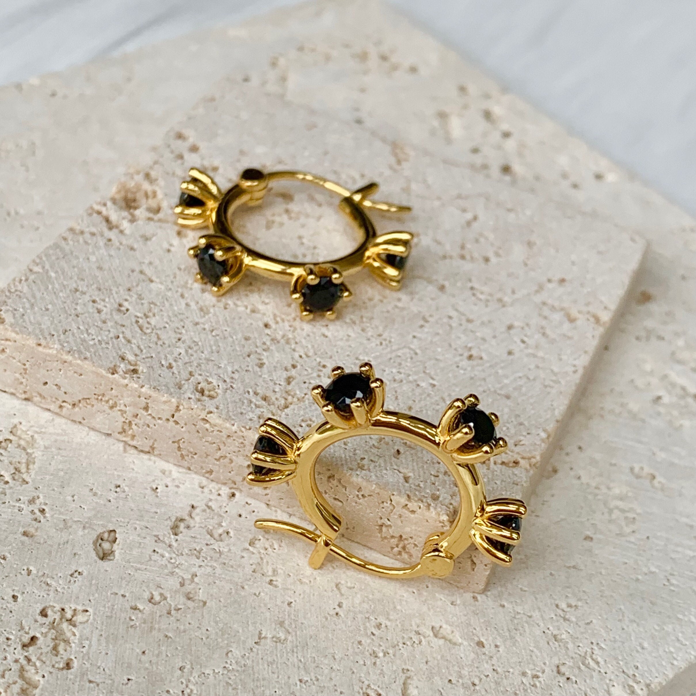 18K Gold Vermeil Black Crystal Hoop Earrings, Unique Plated Sterling Silver Huggie Womens Gemstone Earrings