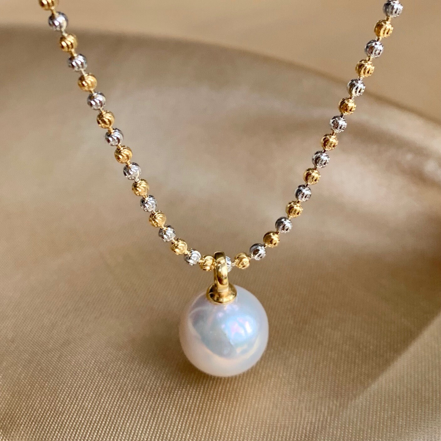 Single Pearl Pendant With 18K Gold Vermeil Beaded Chain, Bicolour Diamond Cut High Quality Real Freshwater Pearl, Gift For Her