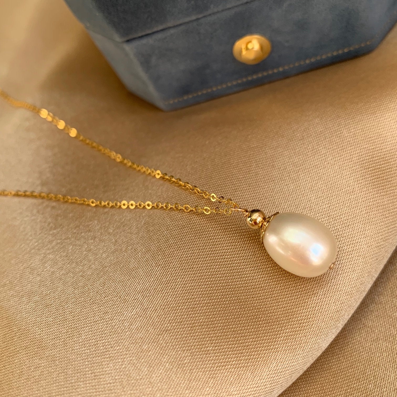 Single Teardrop White Pearl Pendant Necklace, 14K Gold Filled Genuine Freshwater Perfume Bottle Gift For Her