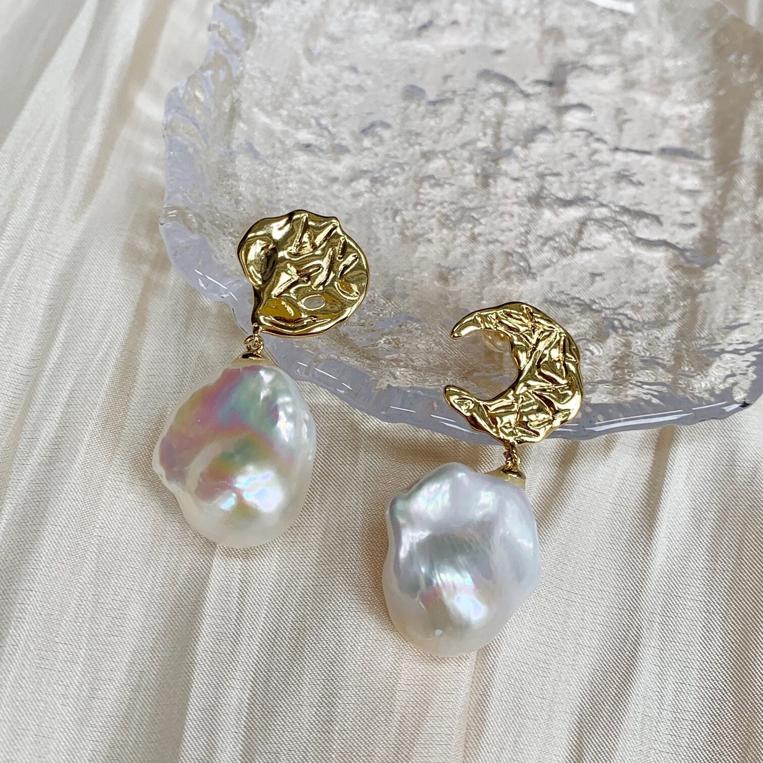 Crinkle Moon Fireball Baroque Drop Earrings, Molten Lava Real Pearl Gold Bridal/Wedding Pearls