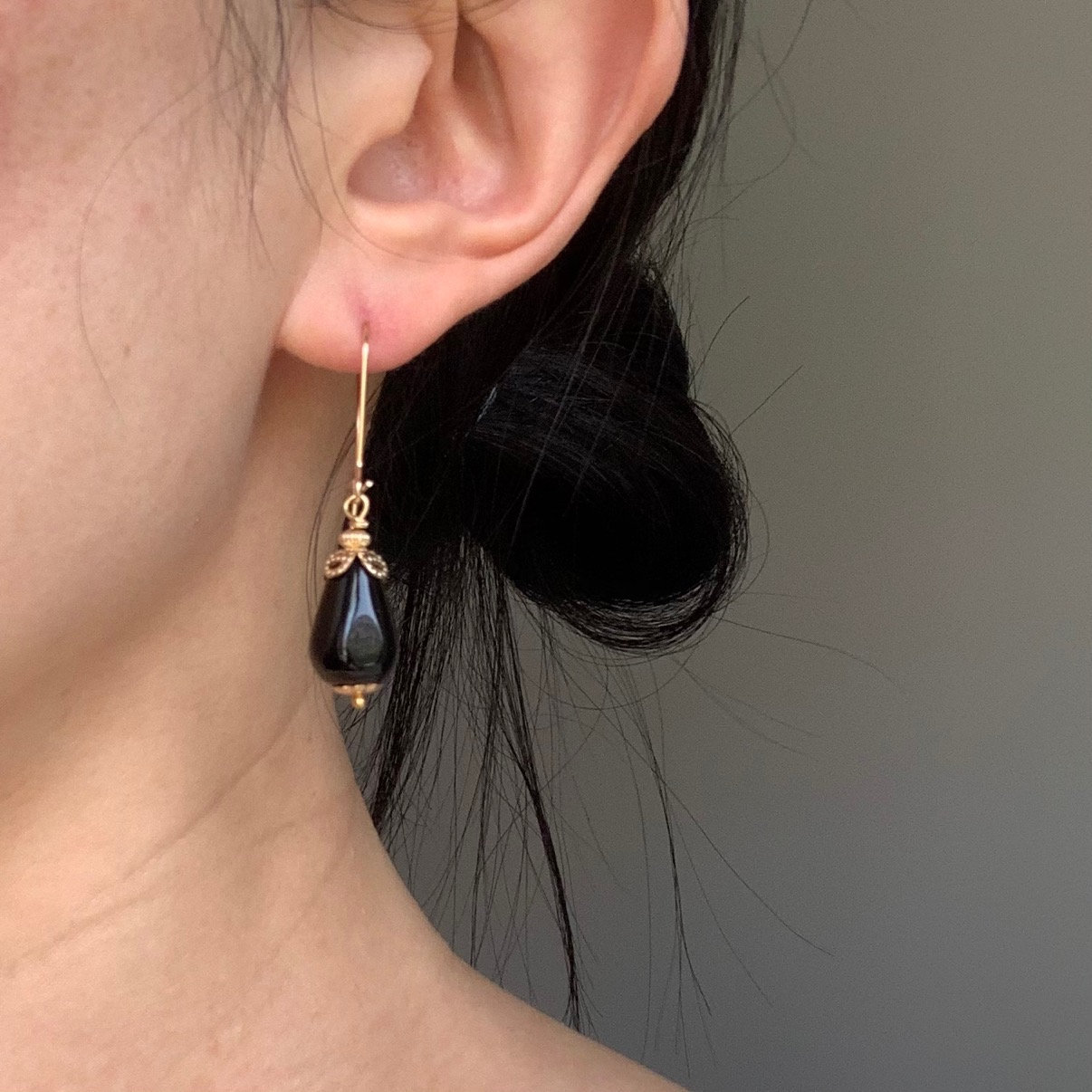 14K Gold Filled Teardrop Black Agate Hook Earrings, Genuine Natural Drop Earrings Ear Wires, Art Deco Gift For Her