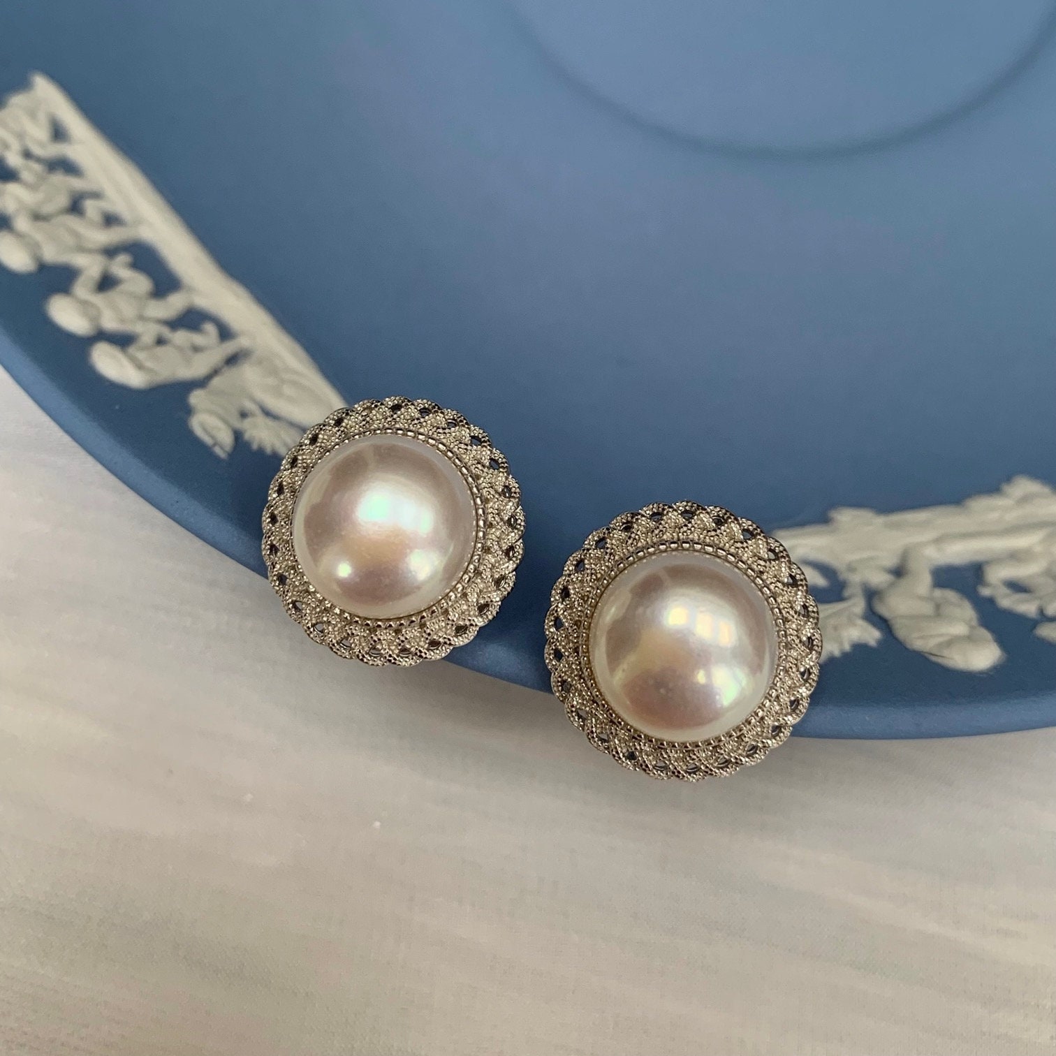 Art Deco Sterling Silver Freshwater Mabe Pearl Stud Earrings, Real Unique Gift For Her