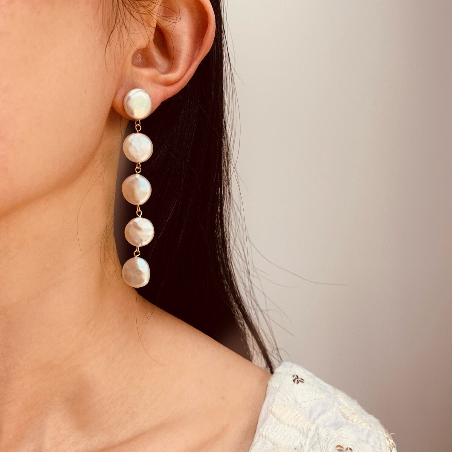 Lustrous Coin Baroque Pearl Long Drop Earrings, Five Pearls Dangle Bridal/Wedding Gift For Her