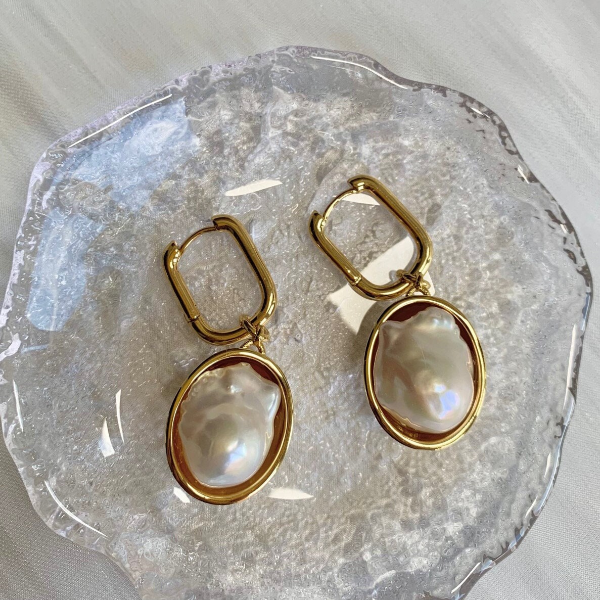 Large Fireball Baroque Pearl Drop Earrings, 18K Gold Plated Egg Shaped Real Hoop Contemporary Earrings