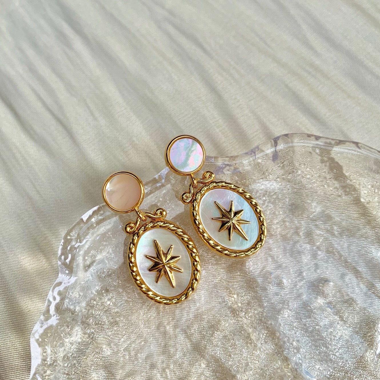 Women’s Designer Eight Pointed Star Drop Earrings, Freshwater Mother Of Pearl Starburst Trendy Earrings Gift For Her