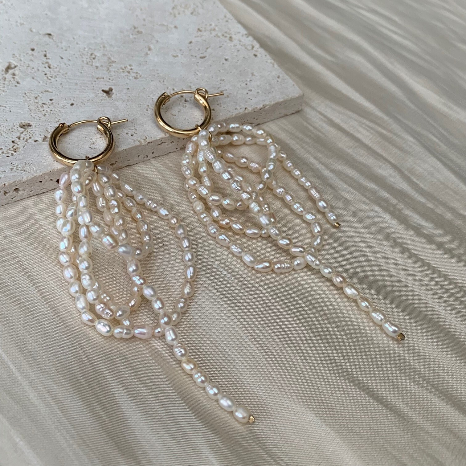 14K Gold Filled Hoop Mini Rice Pearl Strand Drop Earrings, Unique Real Bridal/Wedding Gift For Her