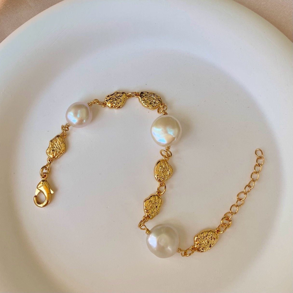 Baroque Pearl & Hammered Gold Bracelet, Plated Real Freshwater Multi Coin Natural Bracelet Women, Gift For Her