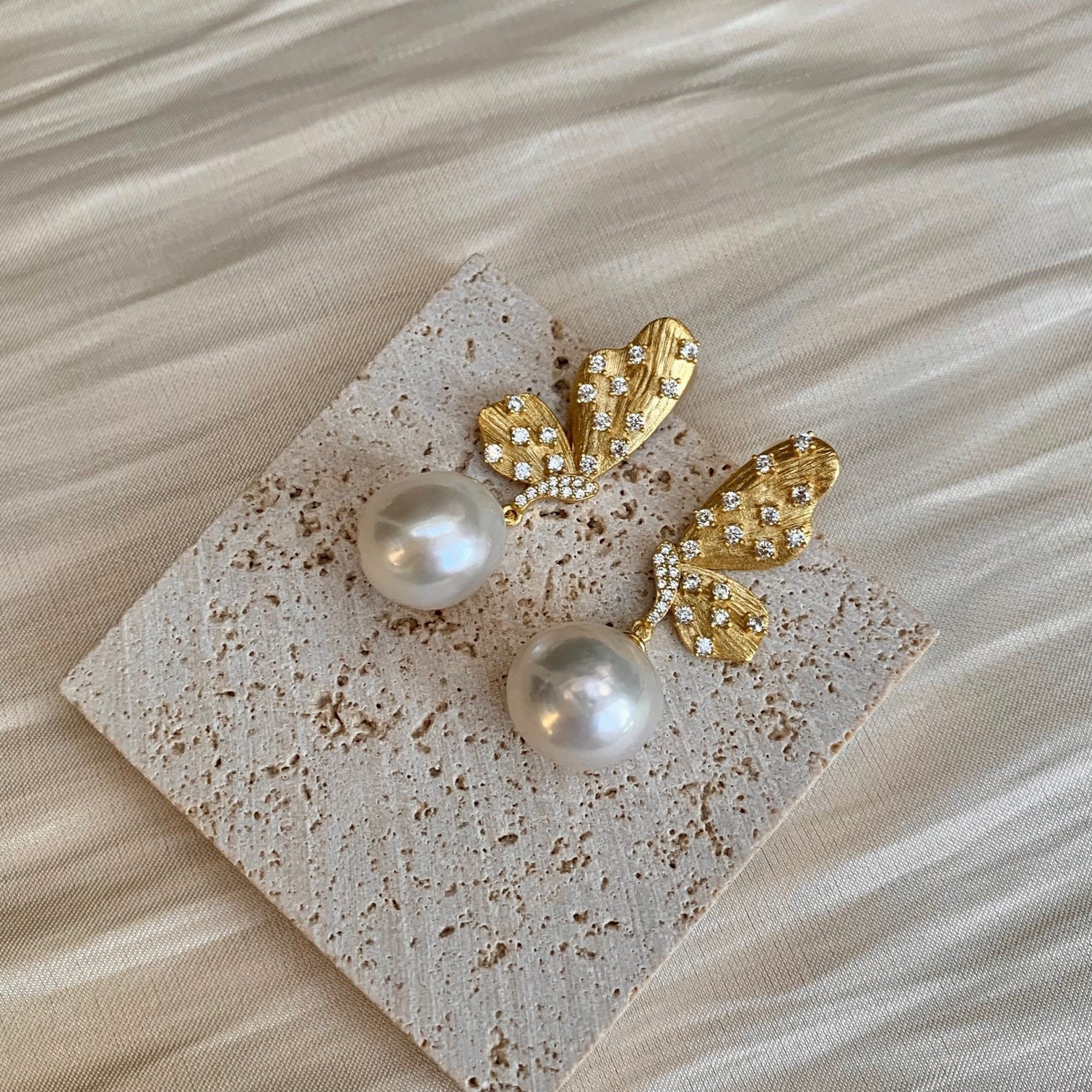 18K Brushed Gold Vermeil Cz Diamond Butterfly Pearl Drop Earrings, Genuine Freshwater Baroque Dangle Bridal Earrings