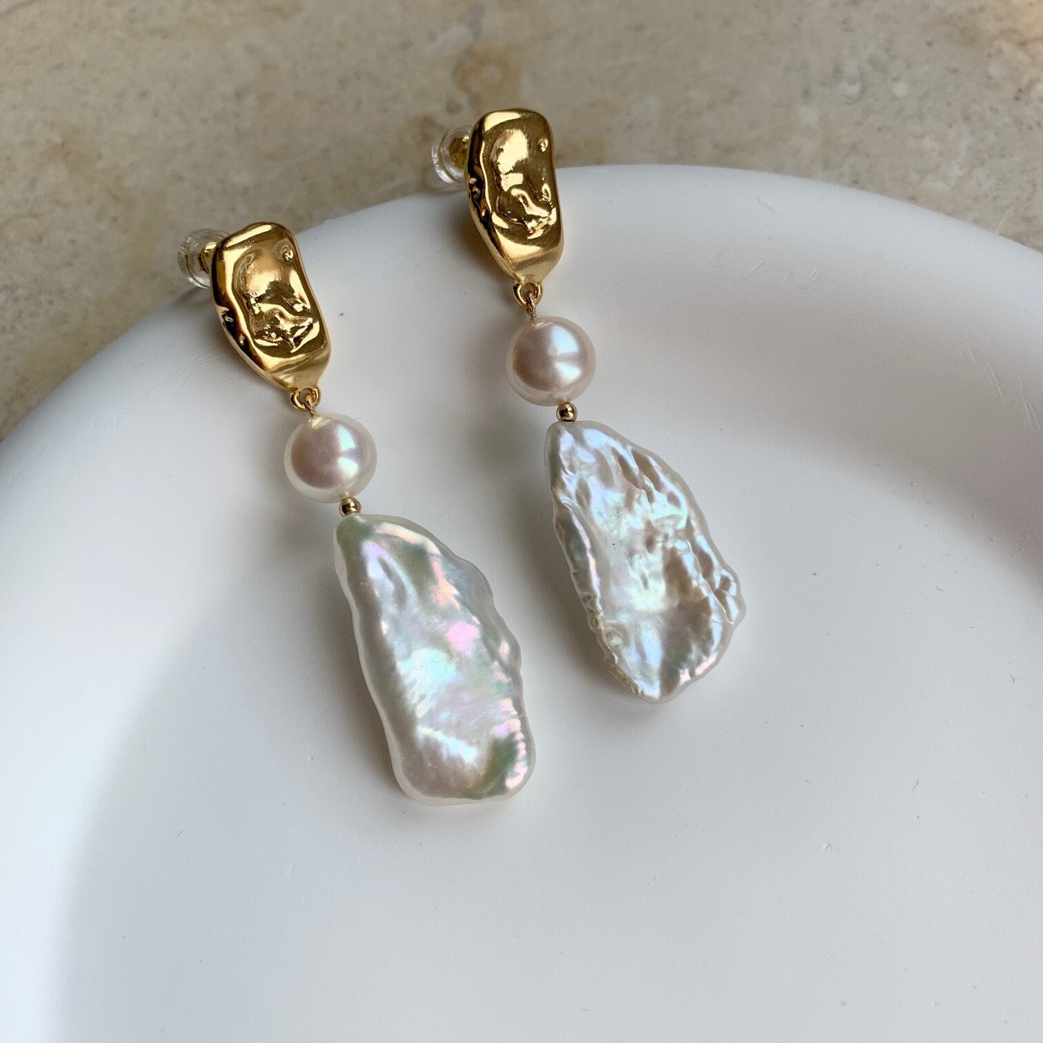 Long Baroque Bar Drop Earrings, 18K Crinkle Gold Plated Real Irregular Pearl Dangle Bridal/Wedding Earrings