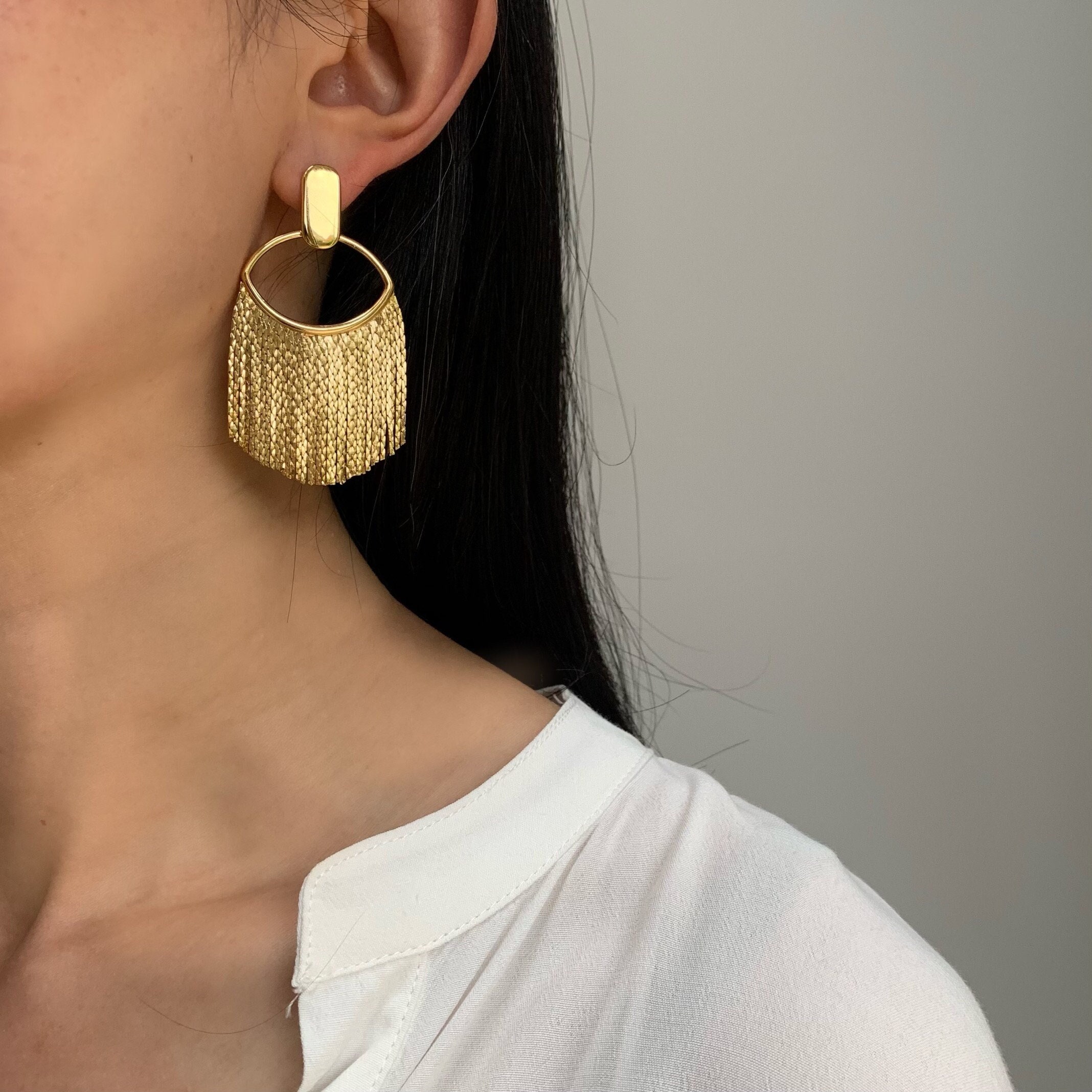 Gold Plated Tassel Fringe Drop Earrings, Large Statement Evil Eye Womens Trendy Bohemian Gift For Her