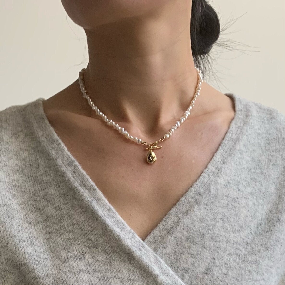 Baroque Pearl Beads Necklace With Gold Toggle Starburst Pendant, 18K Vermeil Ot Buckle Small Keshi Pendant Necklace, Gift For Her