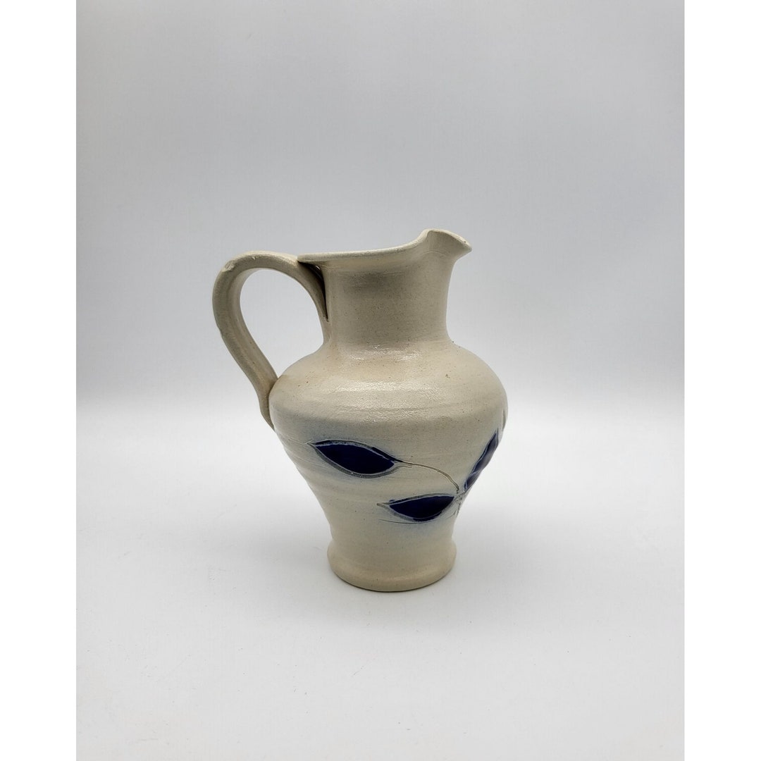 Wheel Thrown Pottery Pitcher Creamer 5 in Colbalt Blue Etched Leaf Salt ...