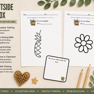 Puede incluir: Un conjunto de materiales educativos titulado Think Outside of the Box, que incluye 30 páginas de hojas de trabajo y 32 tarjetas de preguntas. Las páginas presentan dibujos de líneas negras de una piña y una flor con consignas.