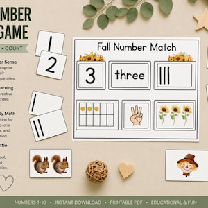 May include: A Fall Number Match game set featuring a central activity sheet with the text Fall Number Match, sunflower graphics, and various number representation cards including digits, written words, tally marks, ten frames, and hand signs.