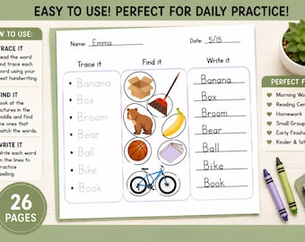 May include: A printable educational worksheet featuring three columns titled Trace it, Find it, and Write it. The sheet includes words starting with the letter B such as Banana, Box, Broom, Bear, Ball, Bike, and Book, with corresponding illustrations and lines for handwriting practice.
