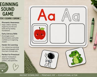 Könnte beinhalten: Ein druckbares PDF-Spiel für Anfangslaute mit einer weißen rechteckigen Karte, die den Buchstaben Aa in roter und umrissener Schrift, eine rote Apfelillustration und zwei leere Quadrate zeigt. Zwei quadratische Karten zeigen einen Astronauten und ein grünes Krokodil.