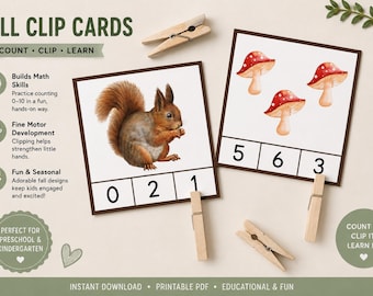 Puede incluir: Tarjetas de clip de otoño con el texto FALL CLIP CARDS, COUNT, CLIP, LEARN y COUNT IT, CLIP IT, LEARN IT. Dos tarjetas cuadradas muestran una ardilla marrón y tres setas rojas con los números 0, 2, 1 y 5, 6, 3. Incluye pinzas de madera.
