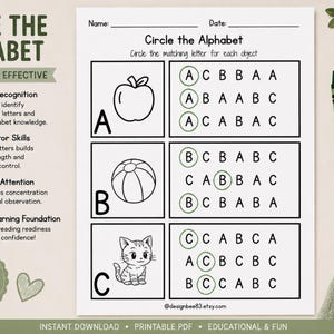 May include: A printable educational worksheet titled Circle the Alphabet with sections for letters A, B, and C. Each row features an illustration of an apple, a ball, or a cat, followed by a grid of letters where the correct letter is circled.